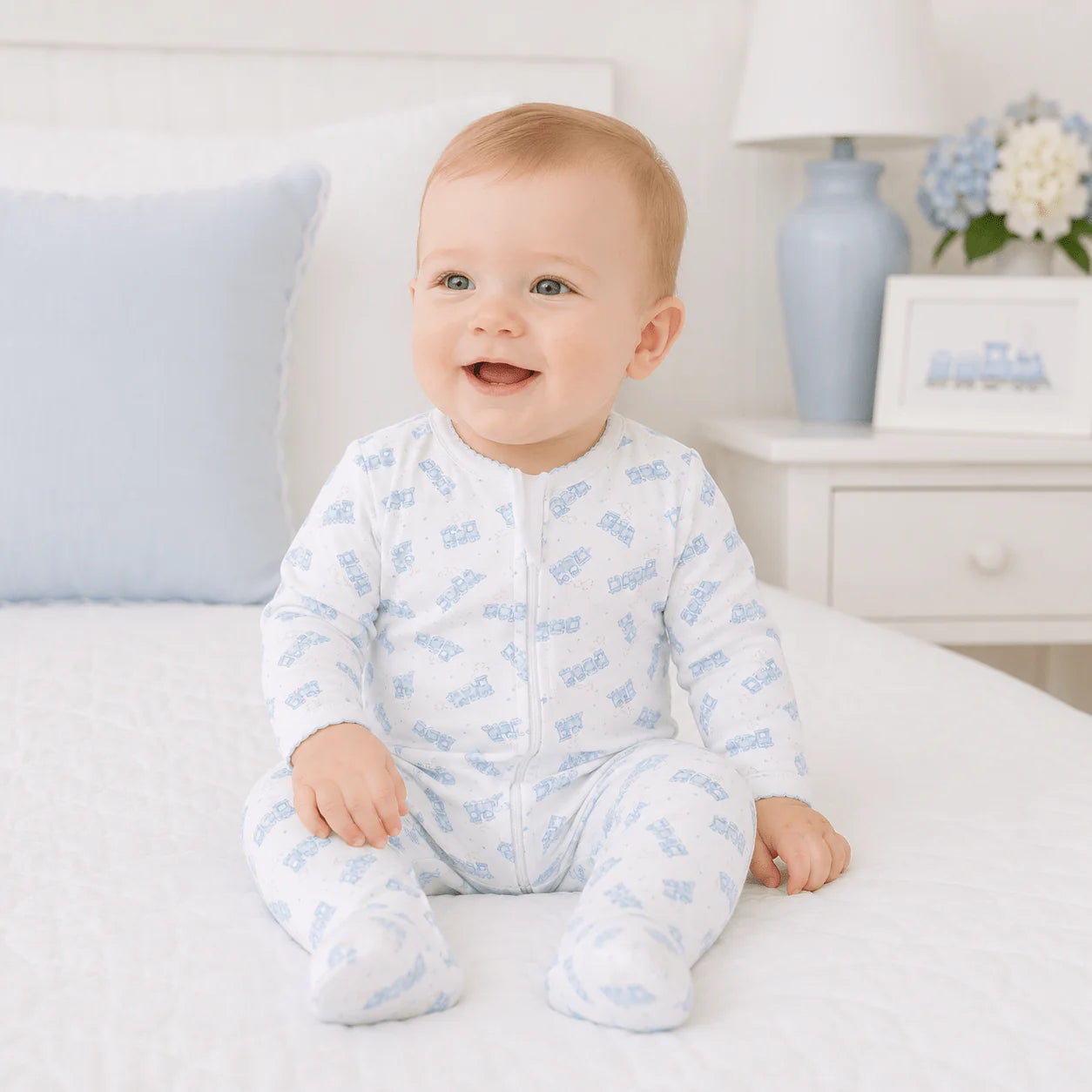 Choo Choo Train Print Footie | Light Blue