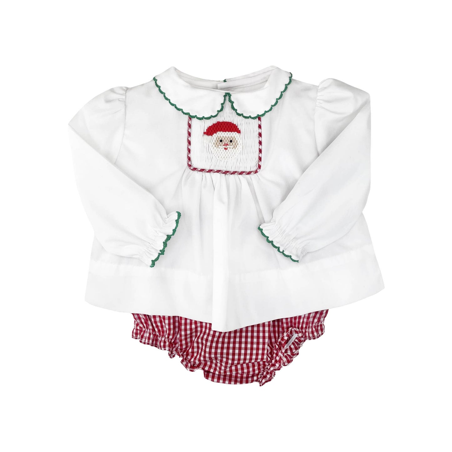 Girl's White Hand Smocked Santa Diaper Set