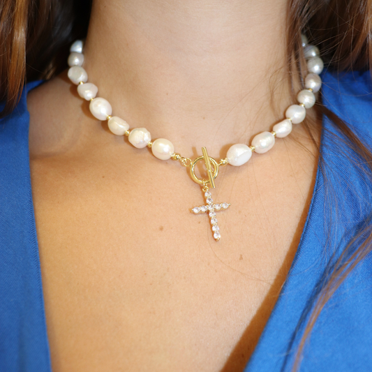 Bezel Cross and Pearl Necklace