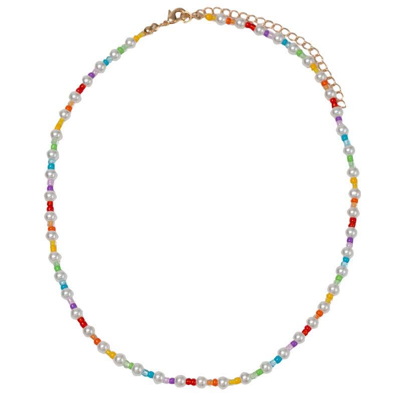 Multi Seed Bead Beaded Necklace with White Pearls