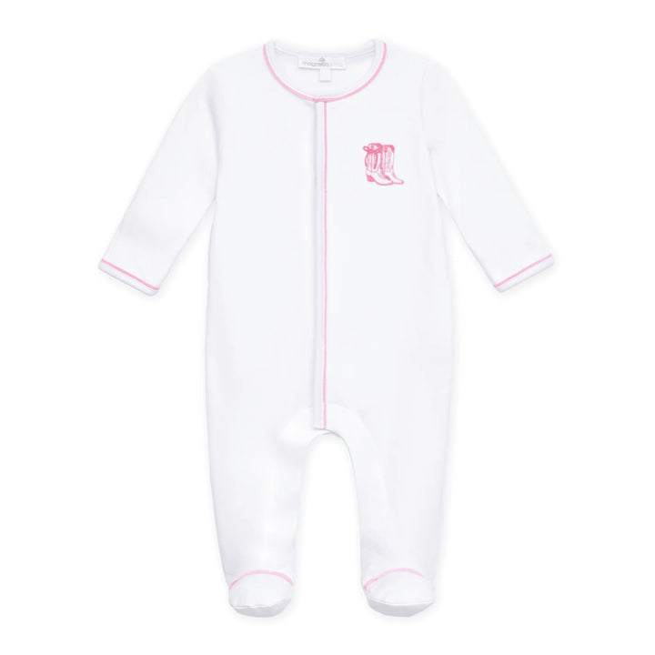 Darling Cowboy Boots Ruffle Embroidered Footie | Pink