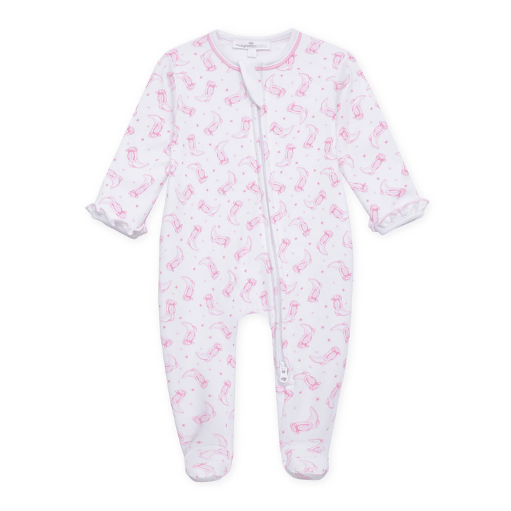 Darling Cowboy Boots Print Ruffle Footie | Pink