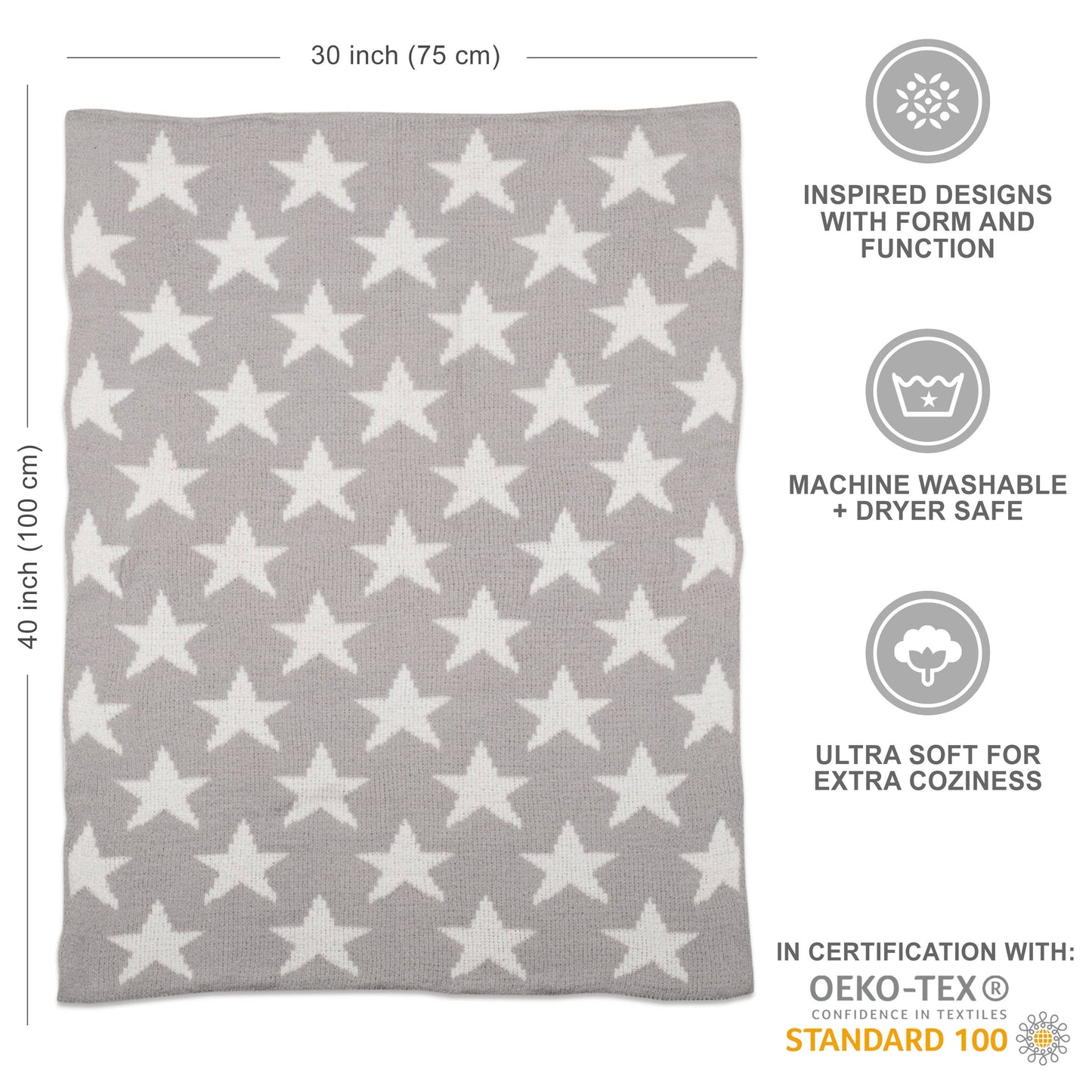 Chenille Baby Blanket - Grey Stars
