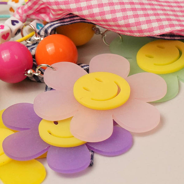 Happy Face Flower Plaid Bow Keychain | Pink