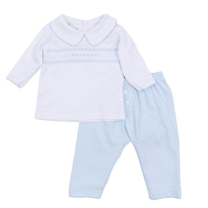 Mia and Luca's Smocked Classics Collared Pant Set | Light Blue