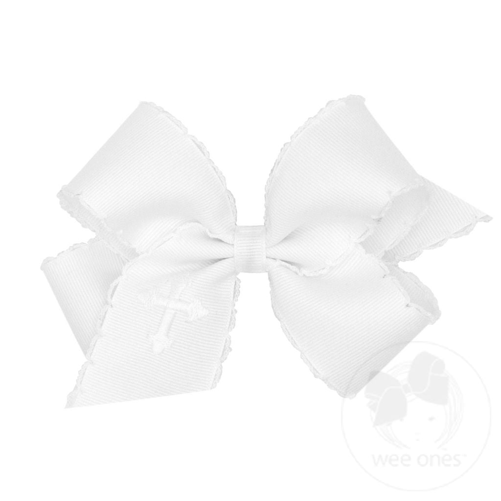 Medium Cross Embroidered Grosgrain Bow | White