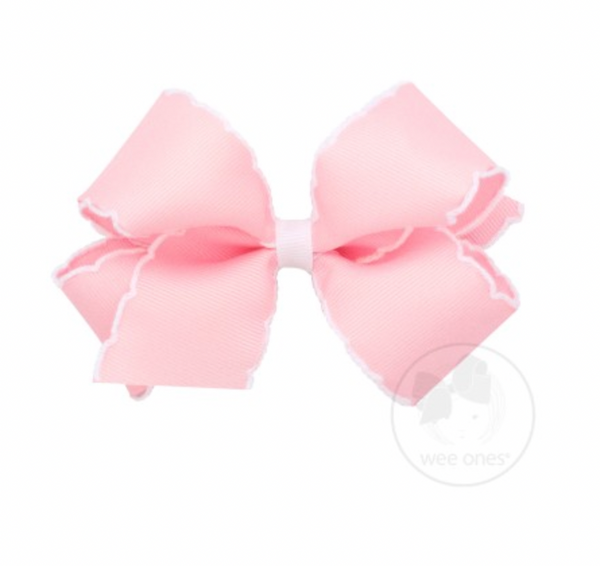 Medium Contrasting Moonstitch Grosgrain Bow | Light Pink/White