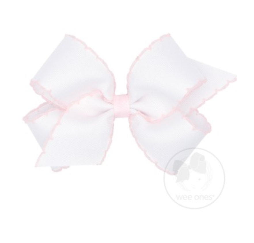 Medium Contrasting Moonstitch Grosgrain Bow, White/Powder Pink
