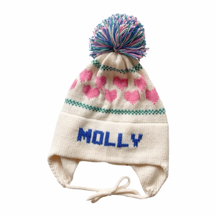 Hearts Earflap Hat, Natural With Royal Blue, Grass Green, and Bright Pink