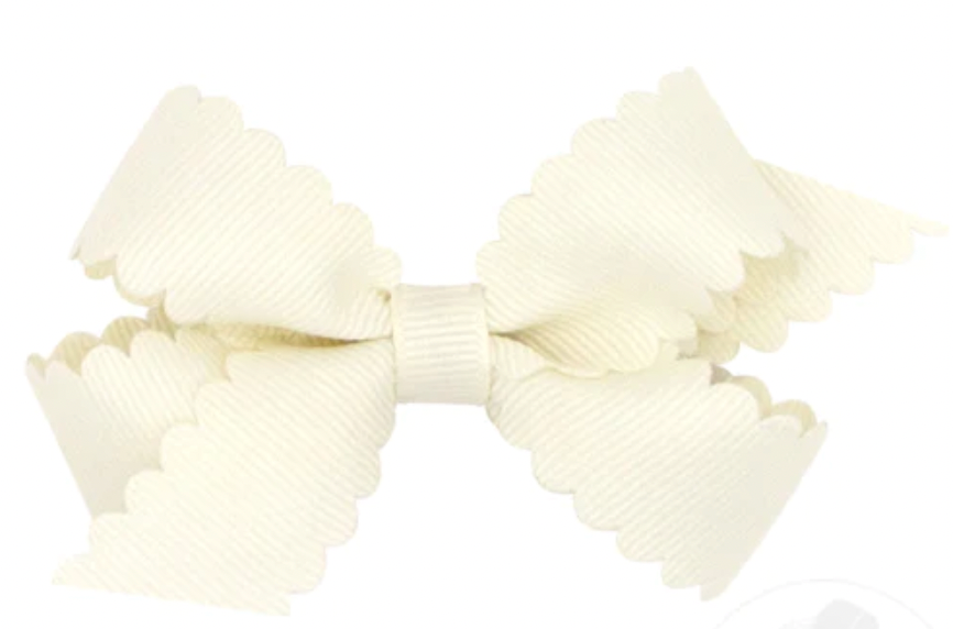 Mini Grosgrain Scalloped Edge Girls Hair Bow | Antique White