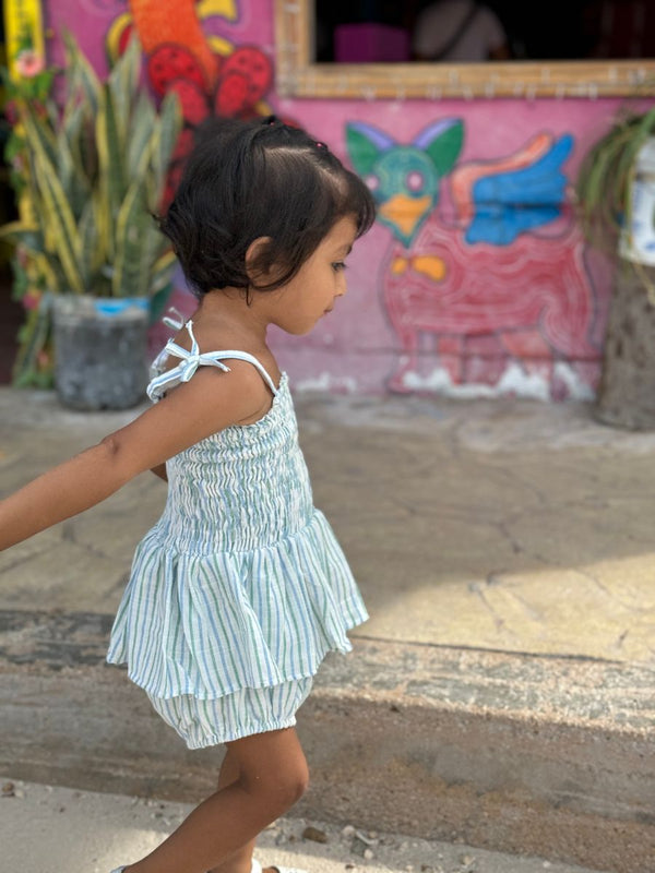 Strappy Smocked Peplum Bubble | Blue + Green Stripe