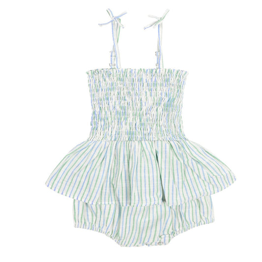Strappy Smocked Peplum Bubble | Blue + Green Stripe