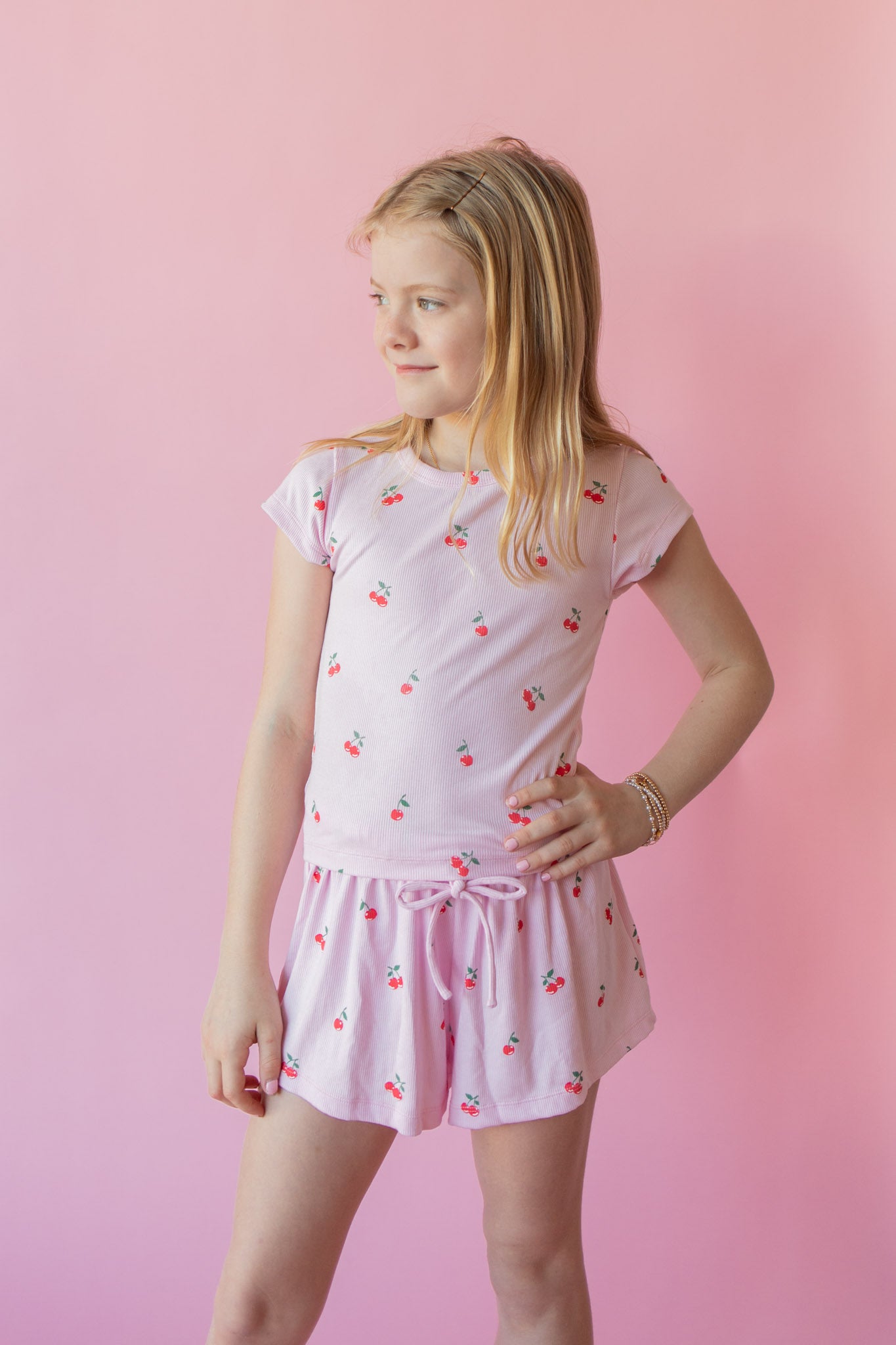 Cherry Print Ribbed Tee | Light Pink