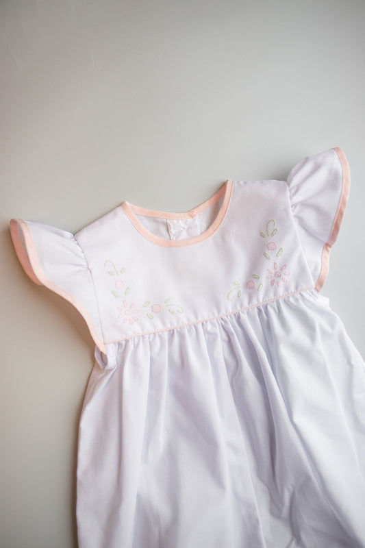 Eliza Embroidered Girl's Shortall | White/Pink