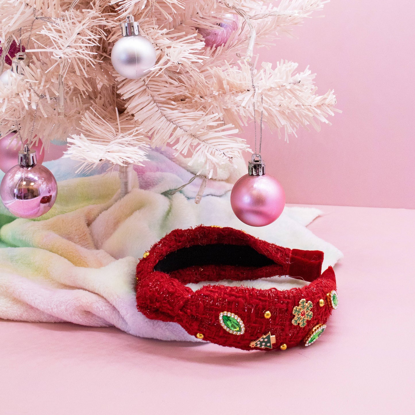 Kid's Embellished Christmas Charm Knot Headband | Red Tweed