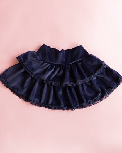Velvet Lace Trim Tiered Skirt | Navy