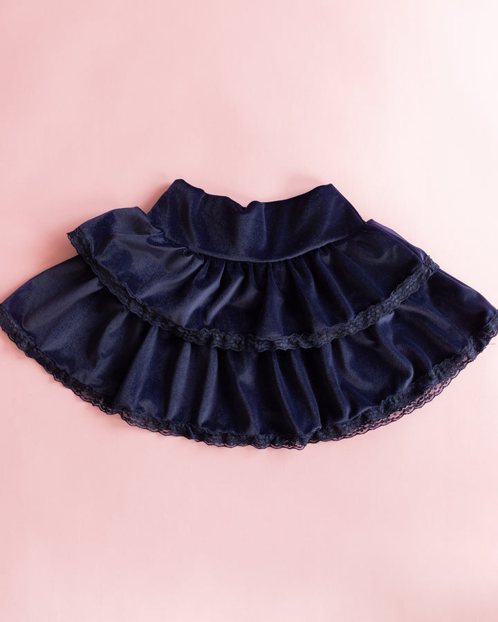 Velvet Lace Trim Tiered Skirt | Navy