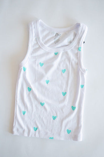 White Tank with Neon Blue Hearts