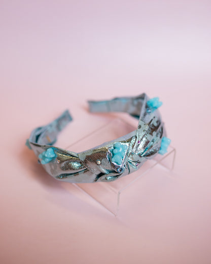 Metallic Daisy + Gummy Bear Charm Knot Headband | Blue