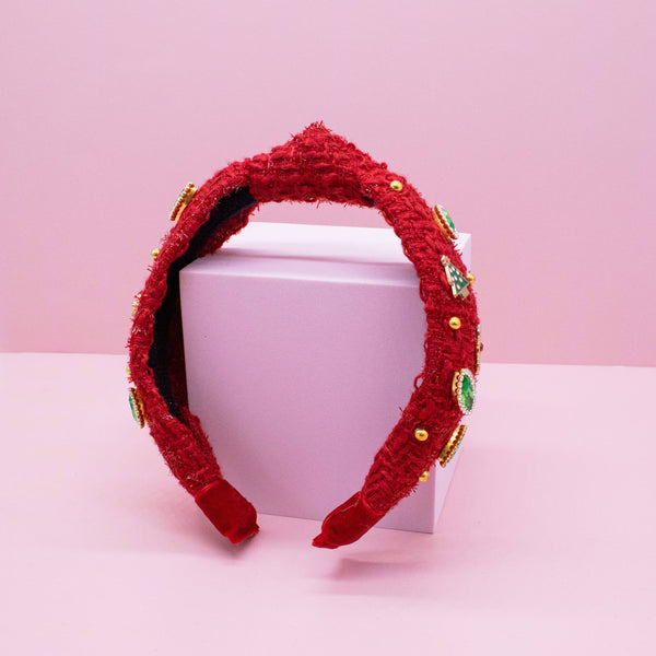 Kid's Embellished Christmas Charm Knot Headband | Red Tweed