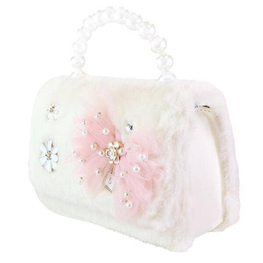Bow & Floral Furry Purse | Ivory