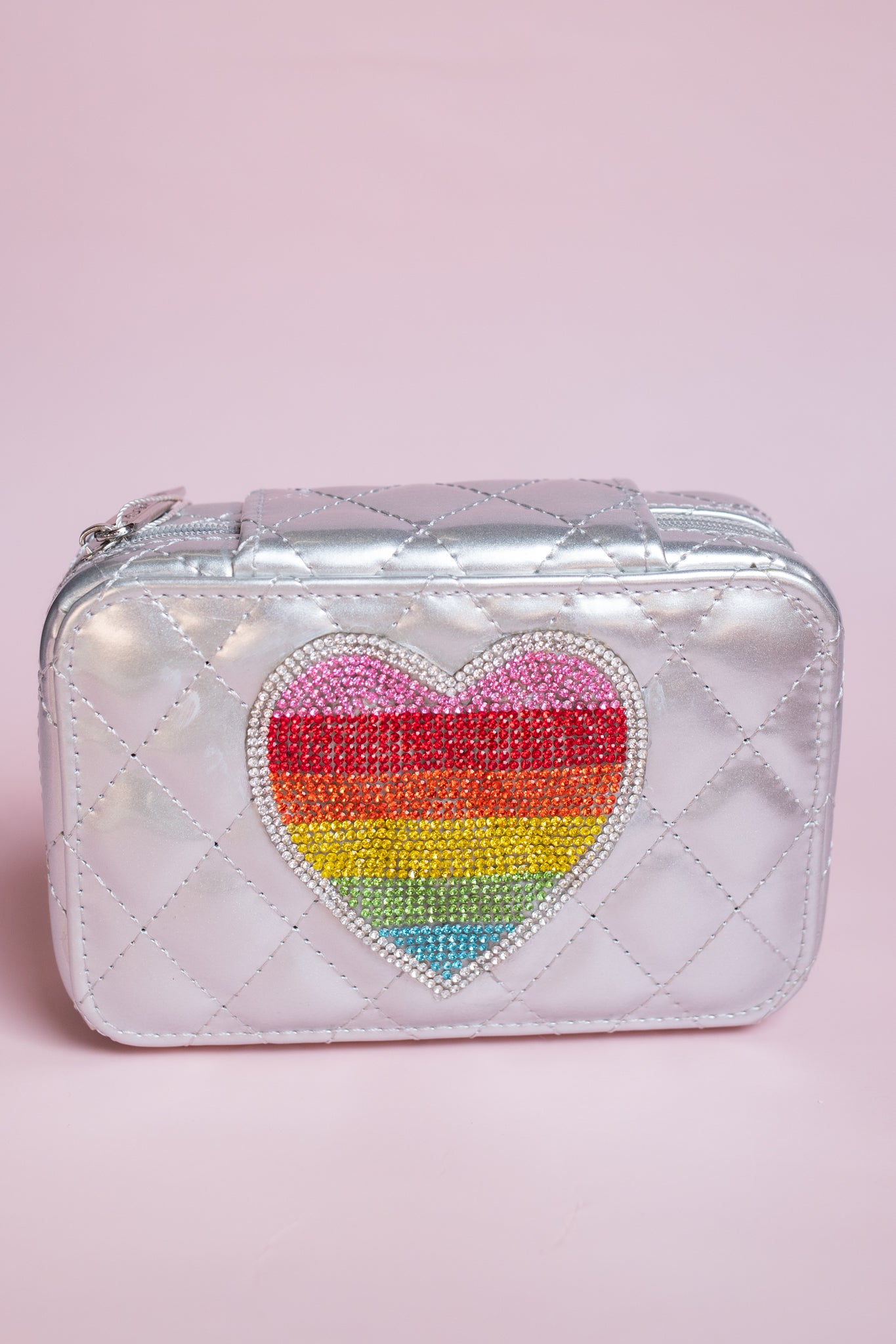 Silver Quilted Jewelry Box | Crystal Rainbow Heart