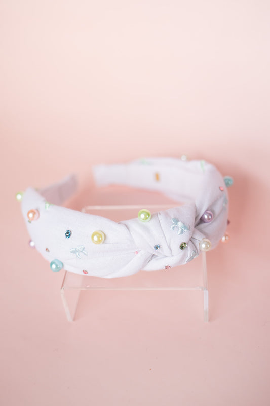 Pearl Embroidered Knot Headband | White