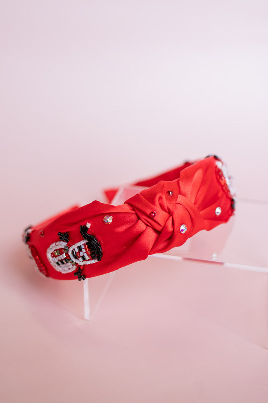 Satin Beaded Knot Headband | Red Santa