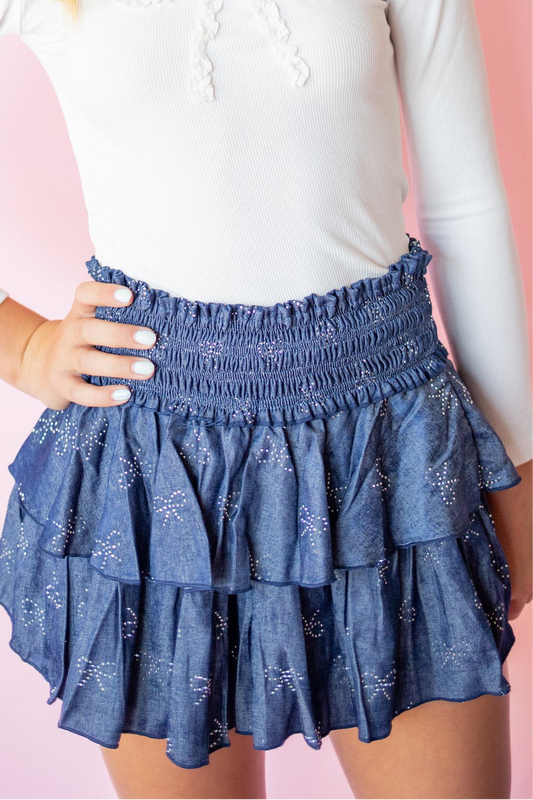 Bow Rhinestone Chambray Skirt