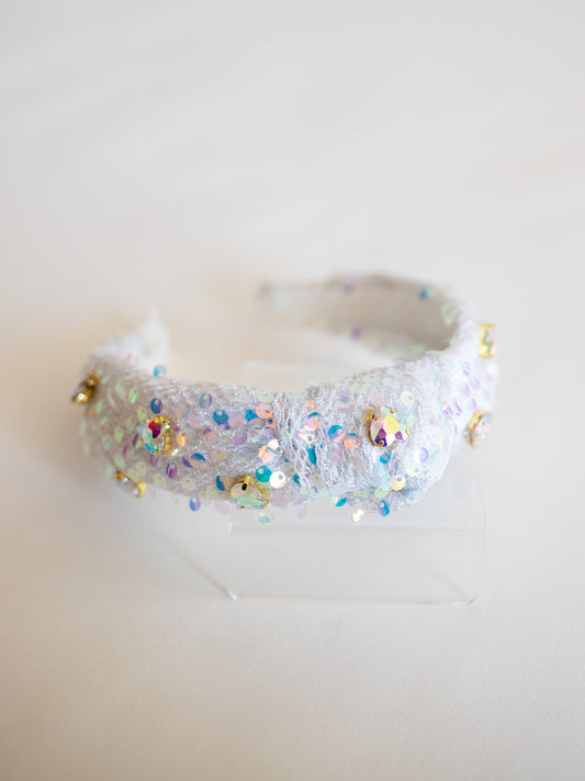 Sequin Jewel Heart Knot Headband | White