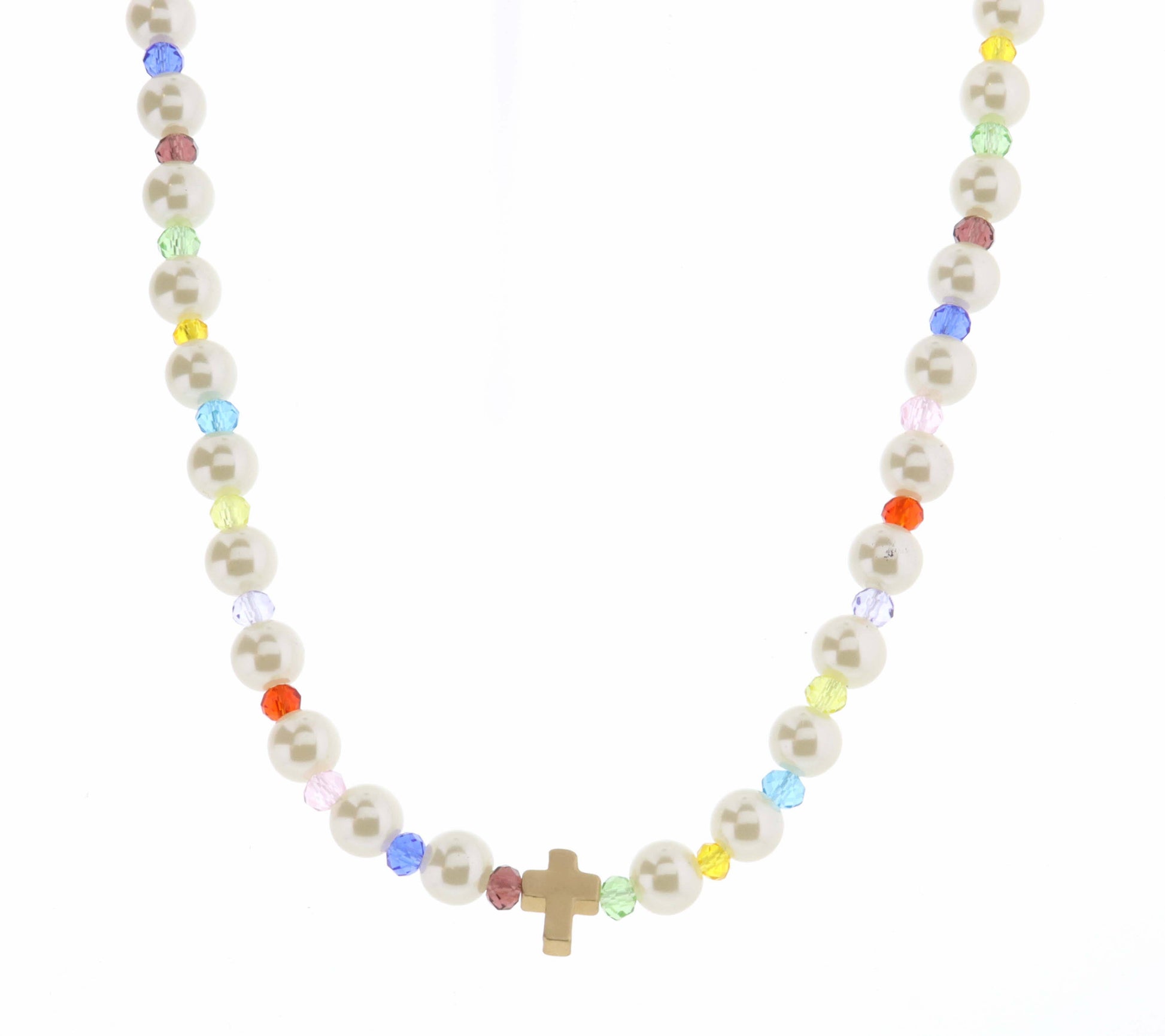 Kids 14" Pearl & Multi Faceted with Cross Necklace