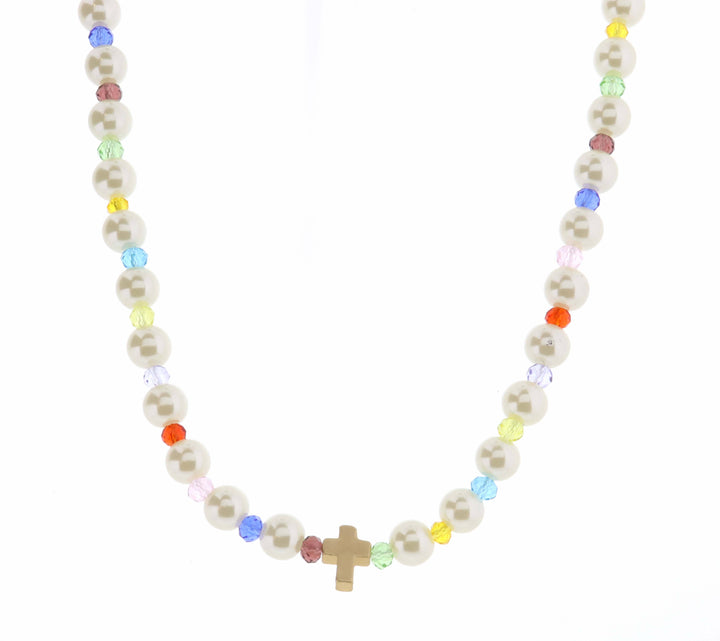 Kids 14" Pearl & Multi Faceted with Cross Necklace
