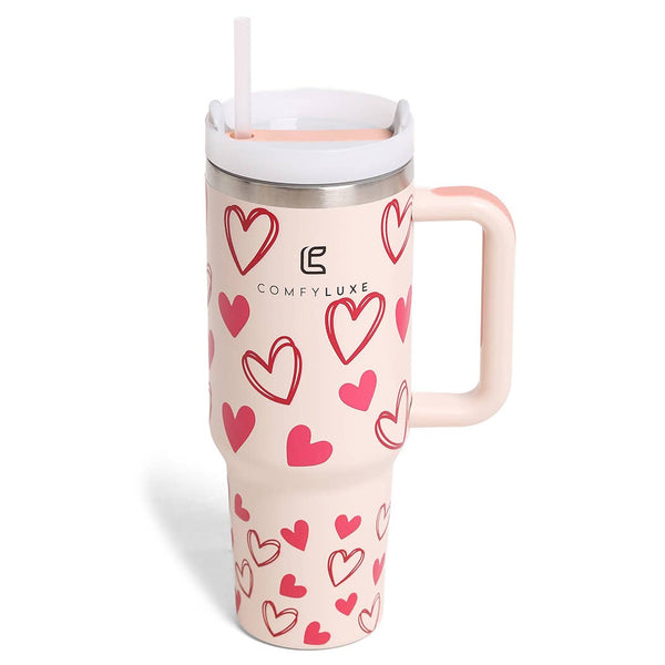 Heart Printed 40oz Tumbler with Handle: Red