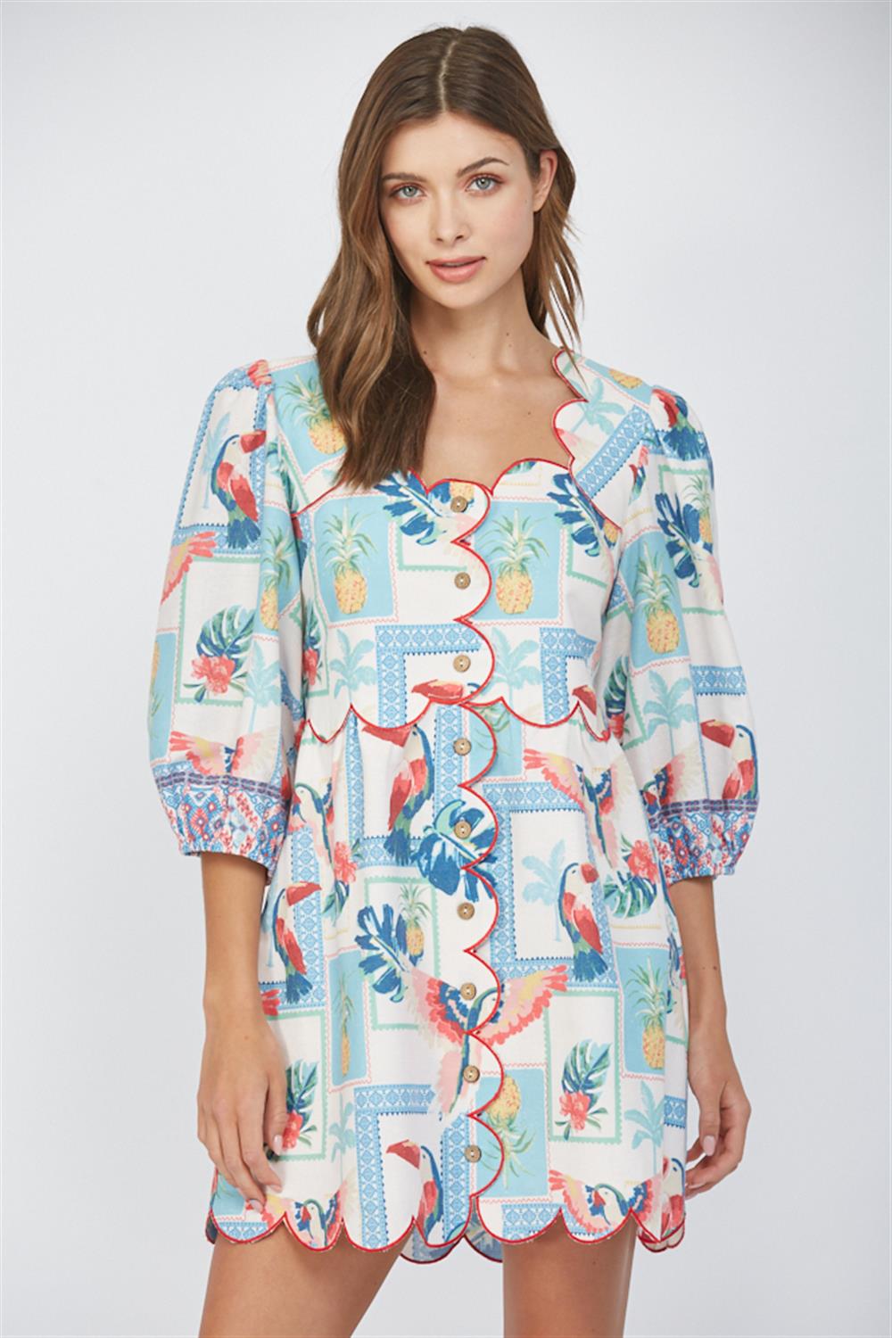 Tropical Print Scallop Edge Mini Dress