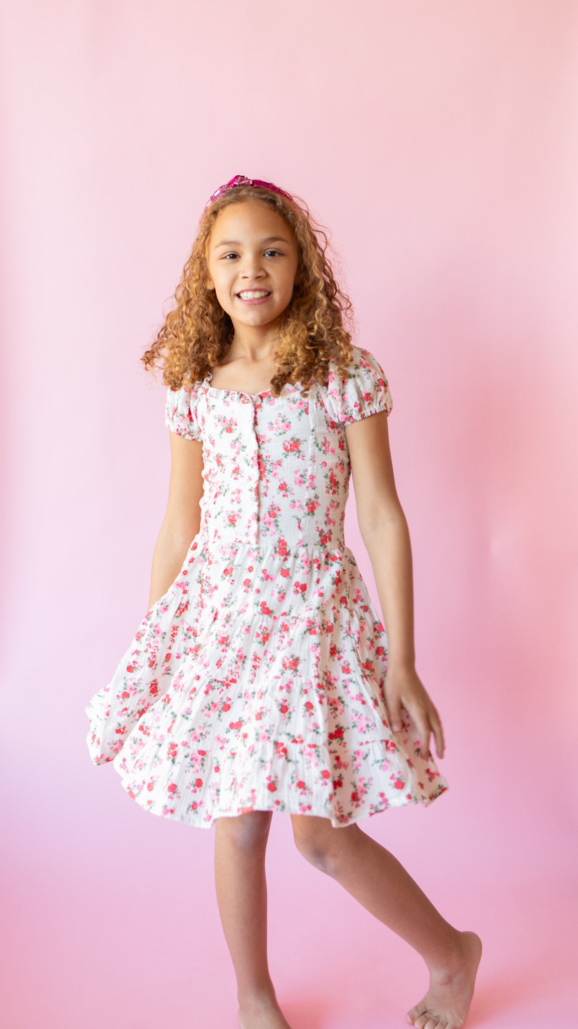 Pink + Red Floral Puff Sleeve Dress | White