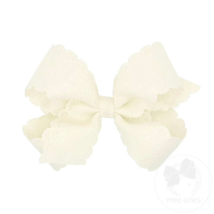 Medium Grosgrain Bow with Eyelet Flower-Embossed Edges I Antique White