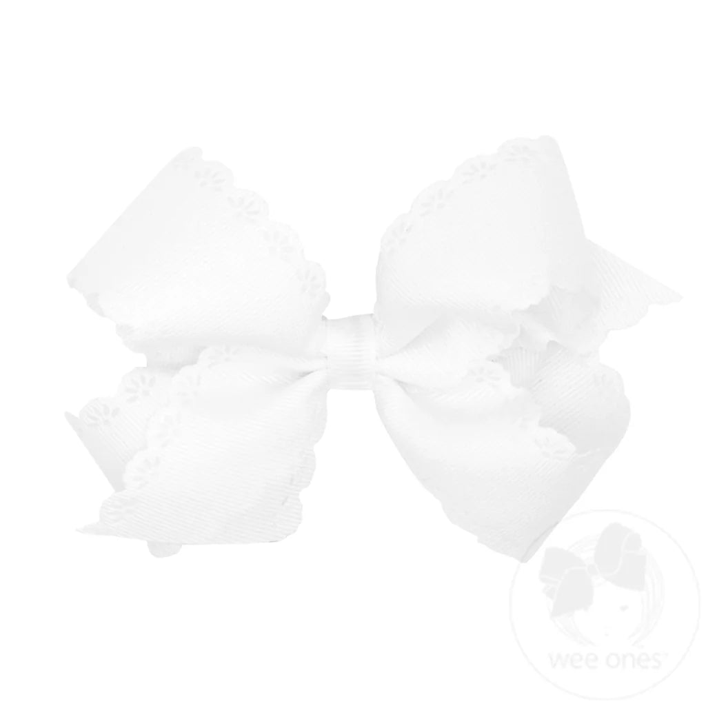 Medium Grosgrain Bow with Eyelet Flower-Embossed Edges I White