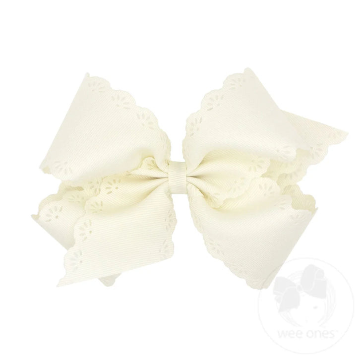 Small King Grosgrain Bow with Eyelet Flower-Embossed Edges I Antique White