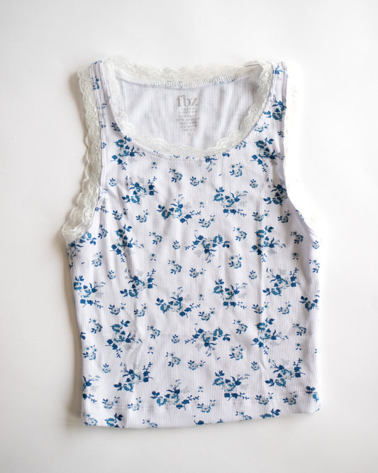 Ditsy Blue Floral Lace Trim Tank