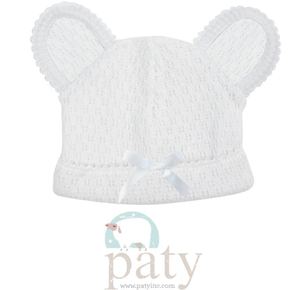 Knit Bear Cap with Bow | White