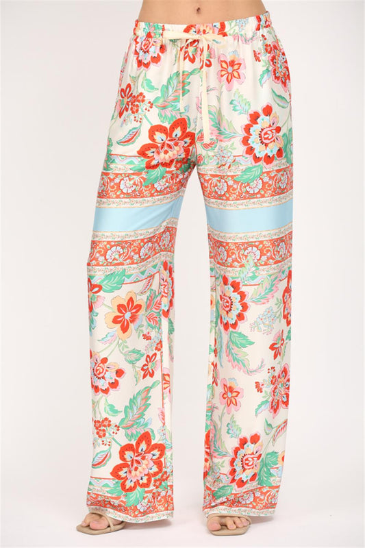 Scarf Print Satin Long Sleeve Pant Set | Cream Multi