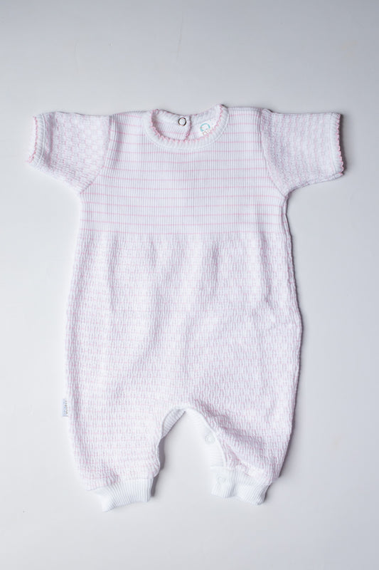 Pinstripe Knit Short Sleeve Romper | Pink