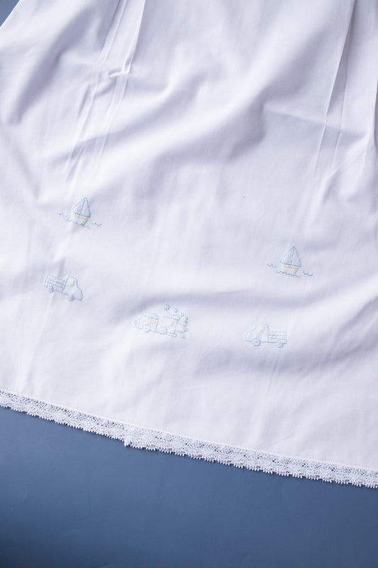 Transportation Embroidered Daygown | White/Blue