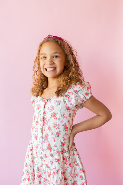 Pink + Red Floral Puff Sleeve Dress | White