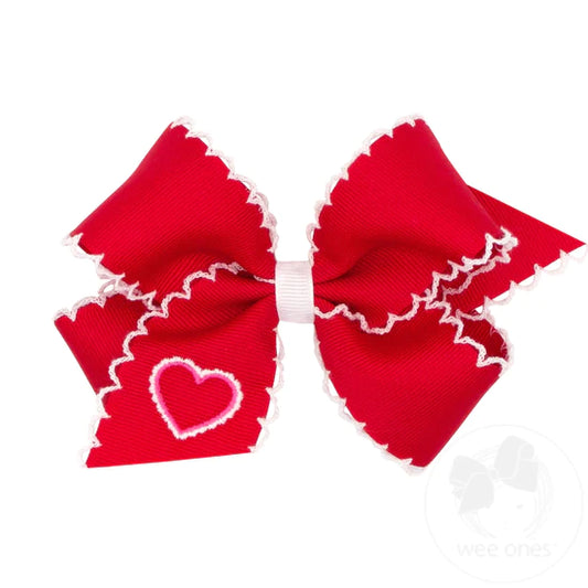 Medium Heart Embroidered Grosgrain Bow | Red & Pink