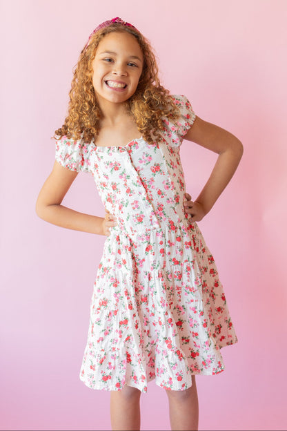 Pink + Red Floral Puff Sleeve Dress | White