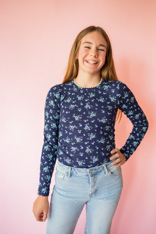 Ribbed Long Sleeve | Navy Blue Floral