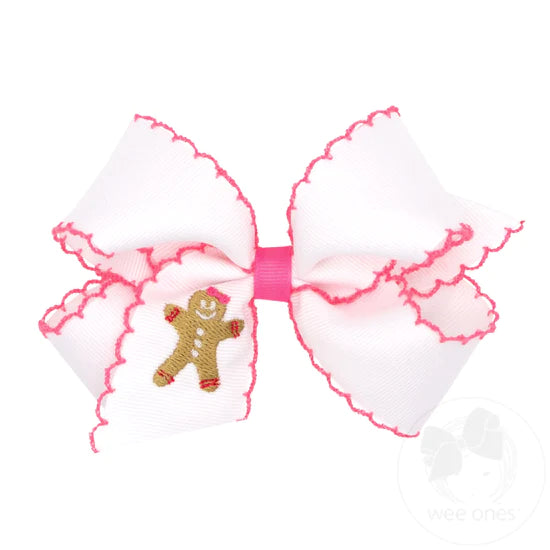 Medium Grosgrain Moonstich Embroidered Hair Bow | White/Pink Gingerbread