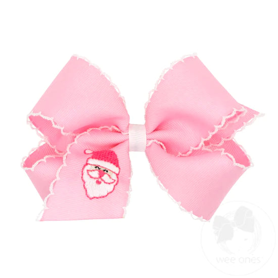 Medium Grosgrain Moonstich Embroidered Hair Bow | Pink Santa