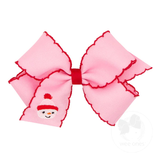 Medium Grosgrain Moonstich Embroidered Hair Bow | Pink/Red Snowman